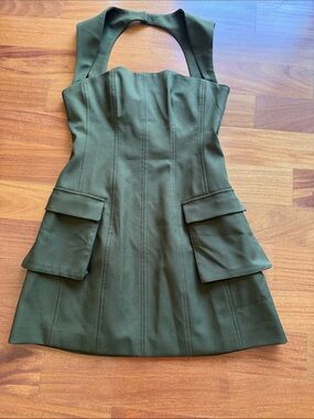 Halter-Neck Mini Dress or Top in Olive Green with Utility Flap Pockets